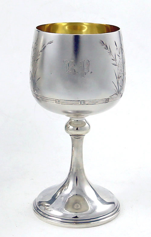 Whiting antique sterling silver goblets three with engraved Japanese style birds and reeds