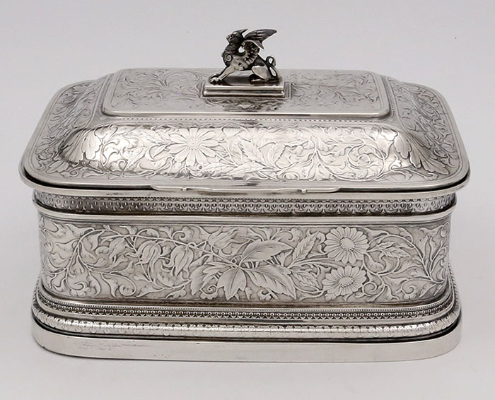 Whiting antique silver acid etched box with griffin cast finial
