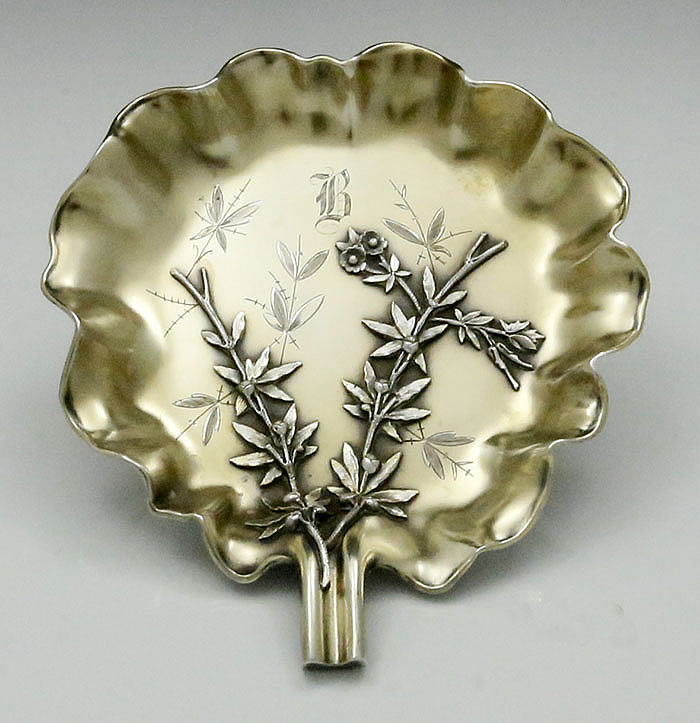 Wood & Hughes sterling  gilt leaf shaped dish with Japanese applictions