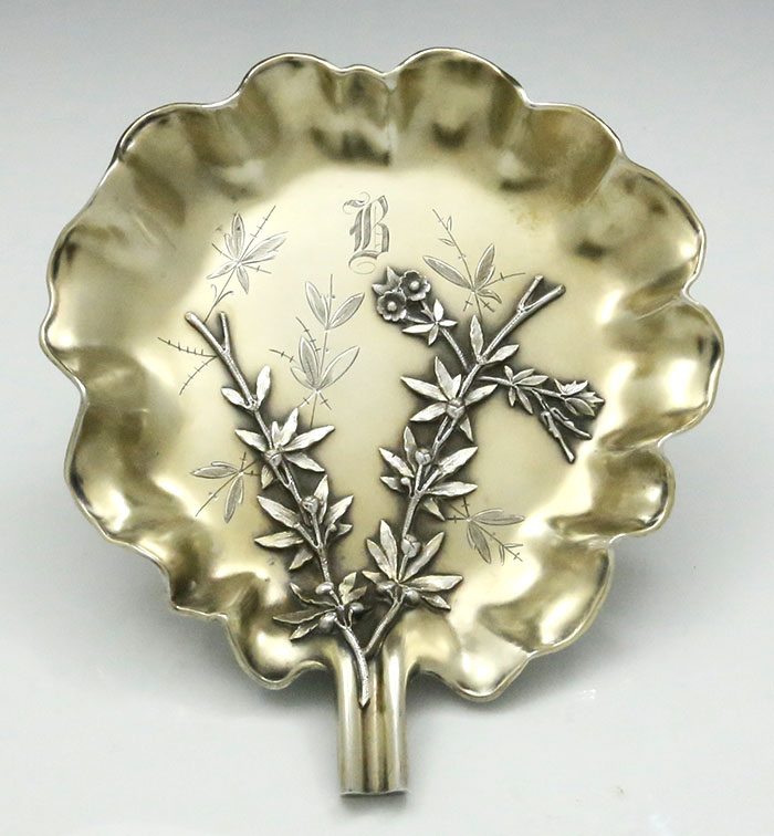 antique sterling Wood & Hughes dish with applied and engraved detail