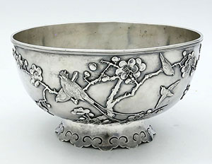 Hungchong Shanghai antique Chinese export silver bowl with applied birds