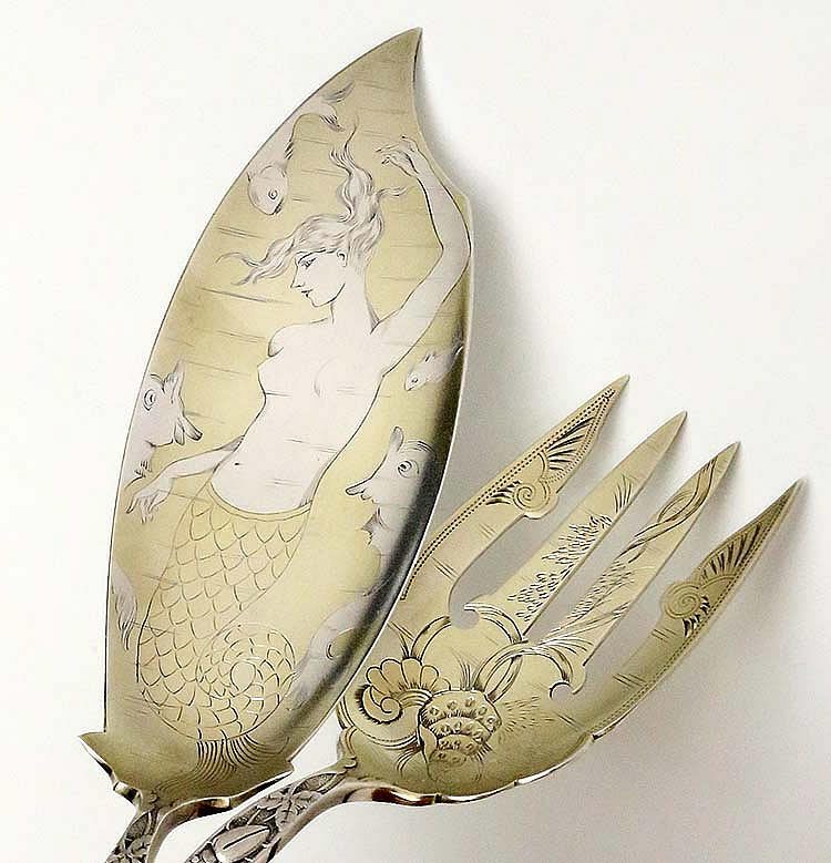 Knowles sterling silver fish set engraved mermaid