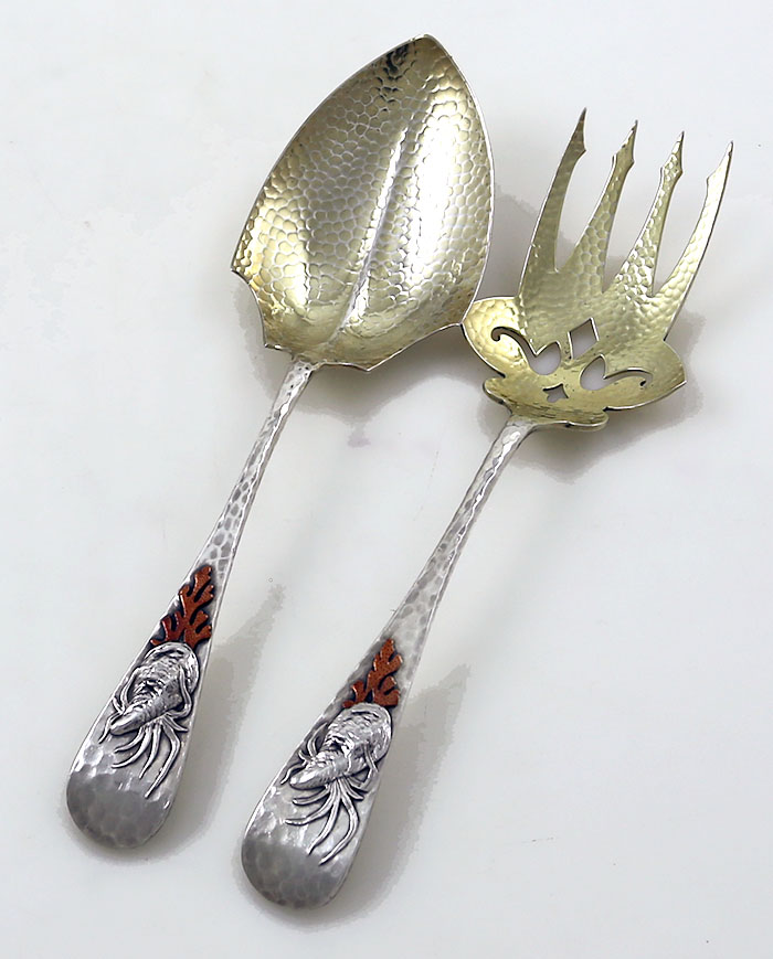 Whiting antique sterling salad servers with mixed metals applied on handle oysters