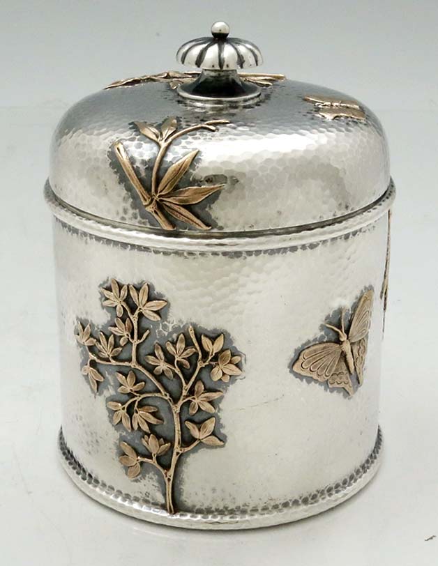 Dominick and Haff antique mixed metals sterling hammered cannister