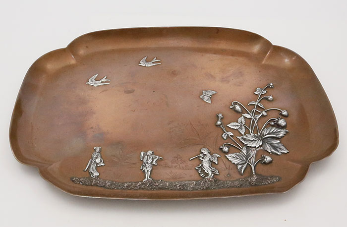 Gorham mixed metals tray with Japanese applied silver motifs