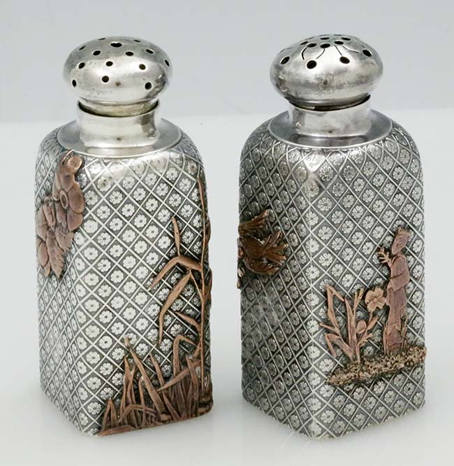 Gorham antique sterling and mixed metals salt and pepper shakers