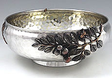 Gorham antique sterling hand hammered mixed metals fruit bowl with dragon fly and frog