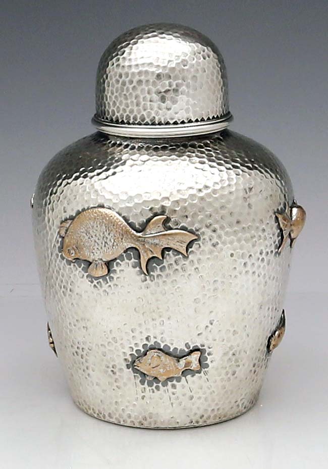 antique sterling silver hammered tea caddy with mixed metals applied fish