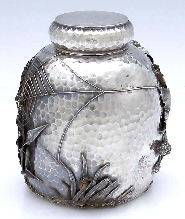 Gorham antique sterling and mixed metals tea caddy with spider and web