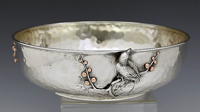Whiting antique sterling hammered and applied bird fruit bowl mixed metals