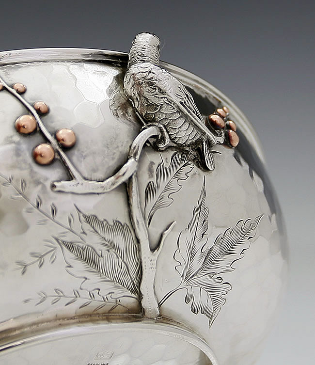 detail of bird on Whiting mixed metals sterling aesthetic bowl