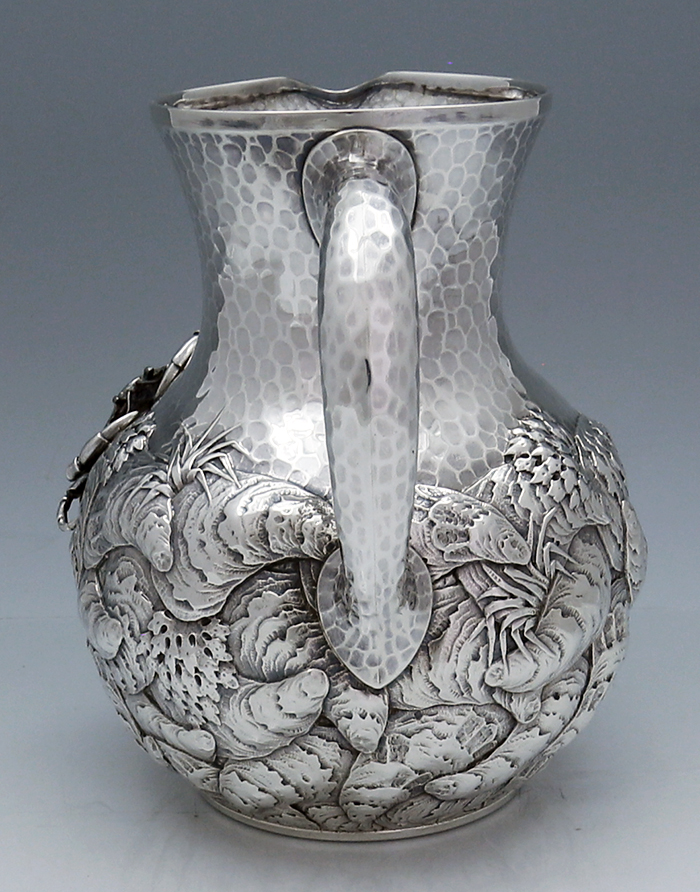 Whiting antique sterling silver mixed metals pitcher with crab and shells