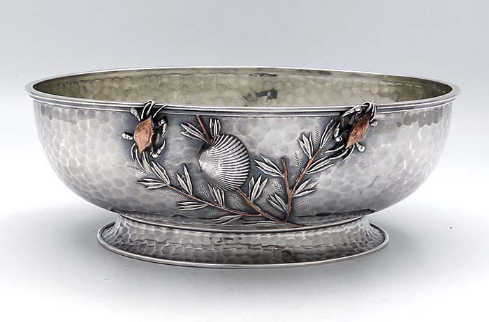 Whiting antique sterling and mixed metals oval bowl with crabs and fish