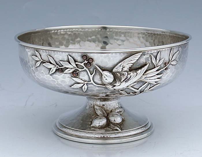 Whiting mixed metals and hammered sterling silver bowl applied bird and copper berries