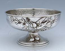Whiting sterling hammered bowl with applied bird and mixed metal berries