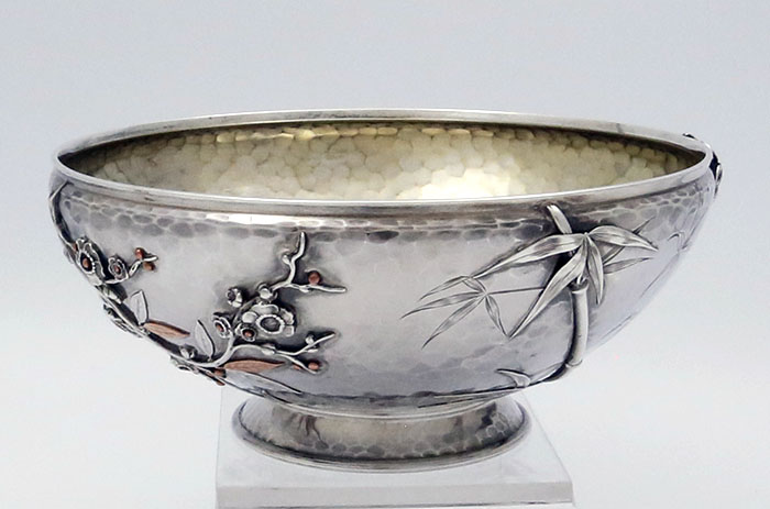 Whiting mixed metals bowl hand hammered with leaves and blossoms  
