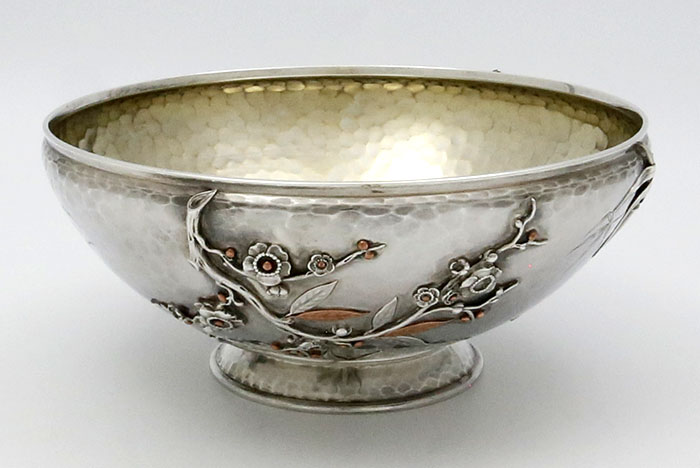 Whiting mixed metals bowl hand hammered with leaves and blossoms  