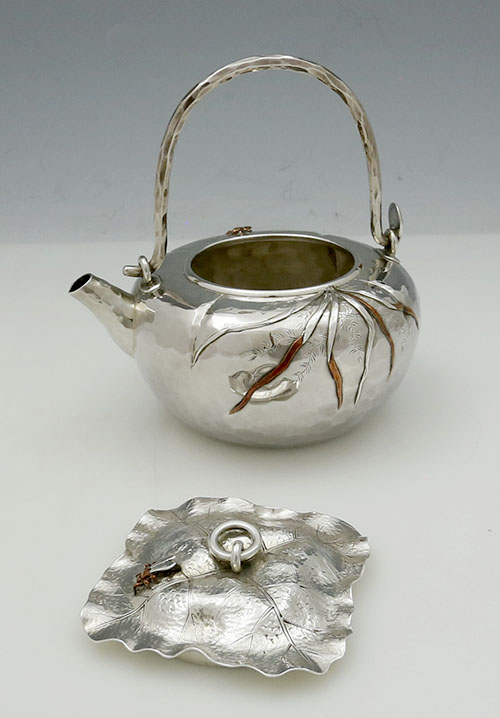 antique sterling Whiting mixed metals teapot Japanese style with lid removed leaf form with applied bug