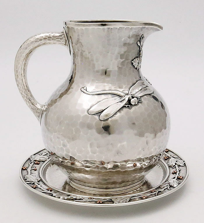 Whiting sterling pitcher with large dragonfly and mixed metals