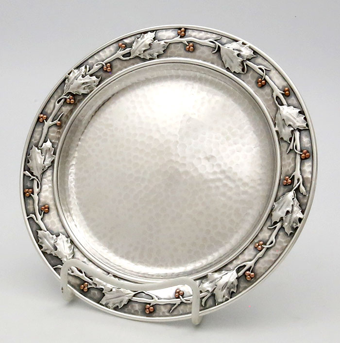 Whiting sterling silver tray with holly applied with mixed metals berries