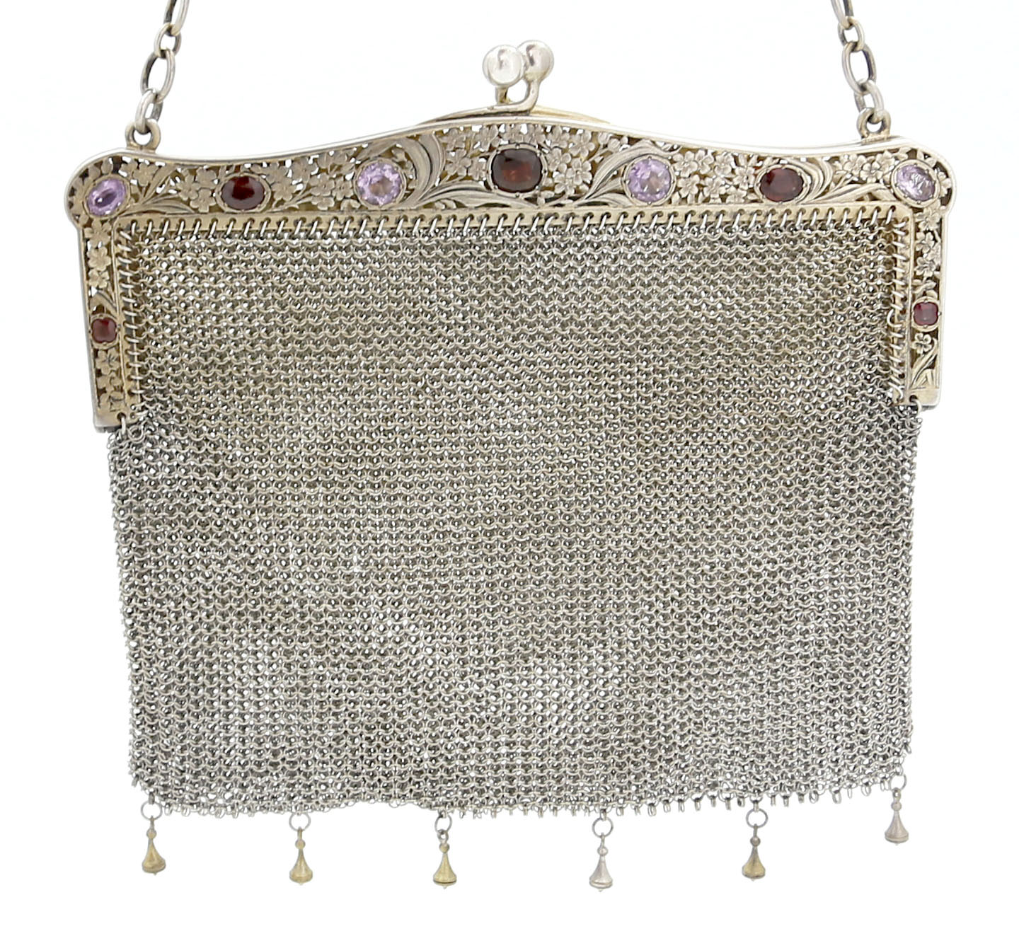 French silver chain mesh purse with amethysts