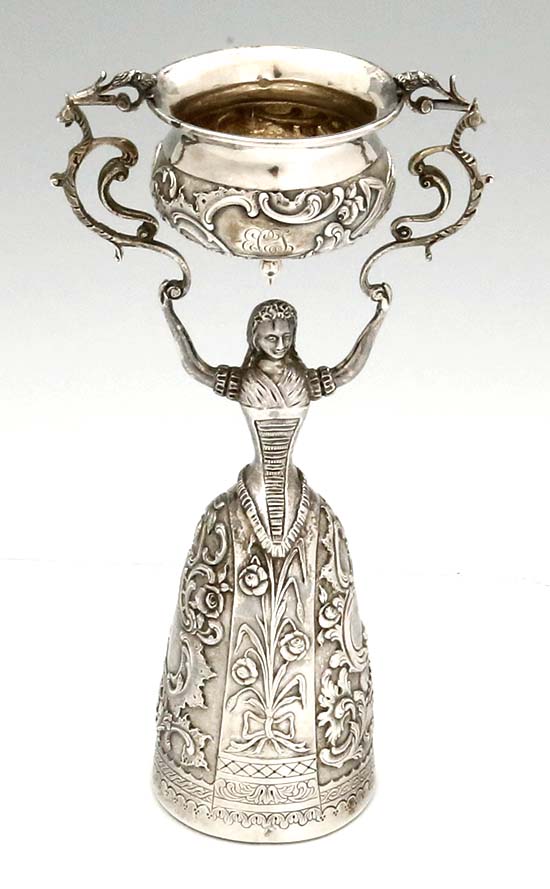 Dutch antique silver figural wager cup