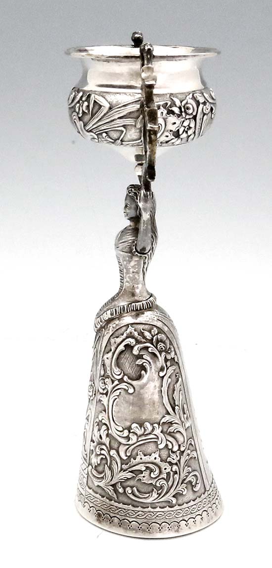 side view of antique Dutch silver wager cup