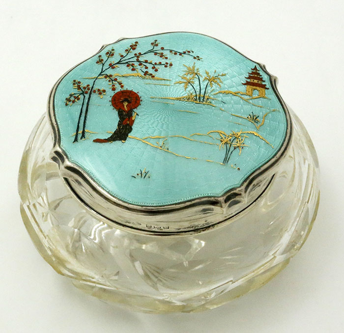 Japanesque enamel sterling and glass powder jar Birmingham 1902