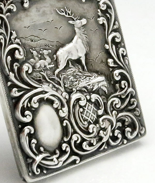 English antique silver card case with stag