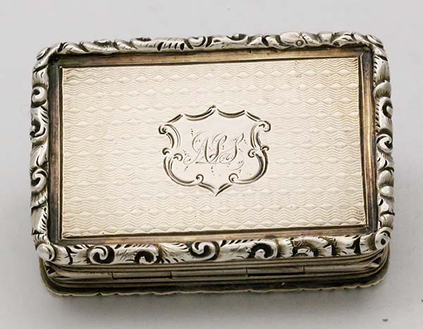 Reverse of antique silver Nathaniel Mills vinaigrette monogram in the cartouche