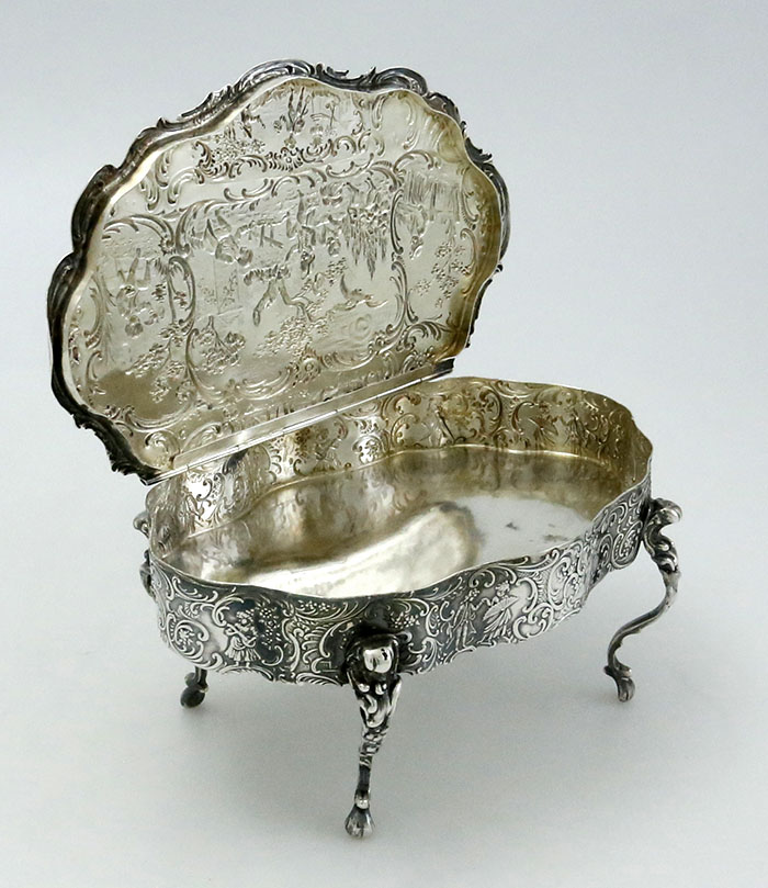 lid open English silver trinket box import marked