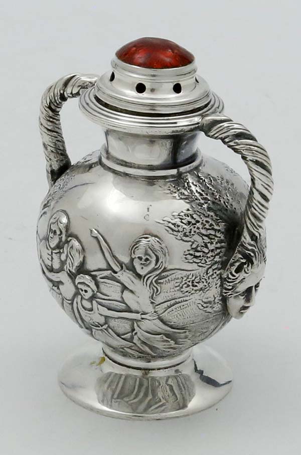 chased ornate figural English silver perfume vinaigrette
