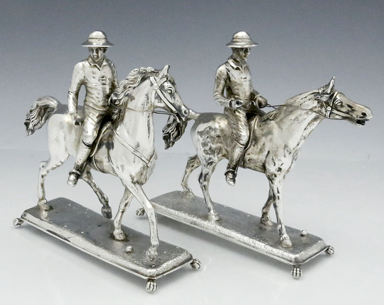 pair of German 800 antique silver horses and riders by Neresheimer of hanau