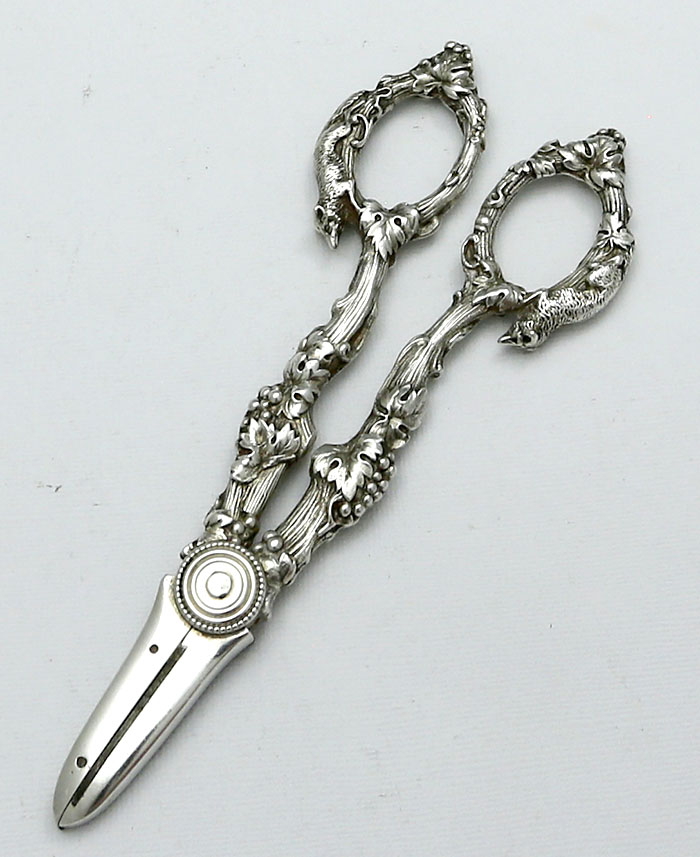 Gorham antique sterling silver grape shears with two foxes on cast handle 