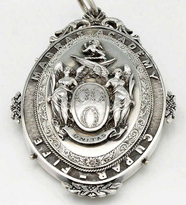 Front of medal Cupar Scotland with crest of Madras Academy