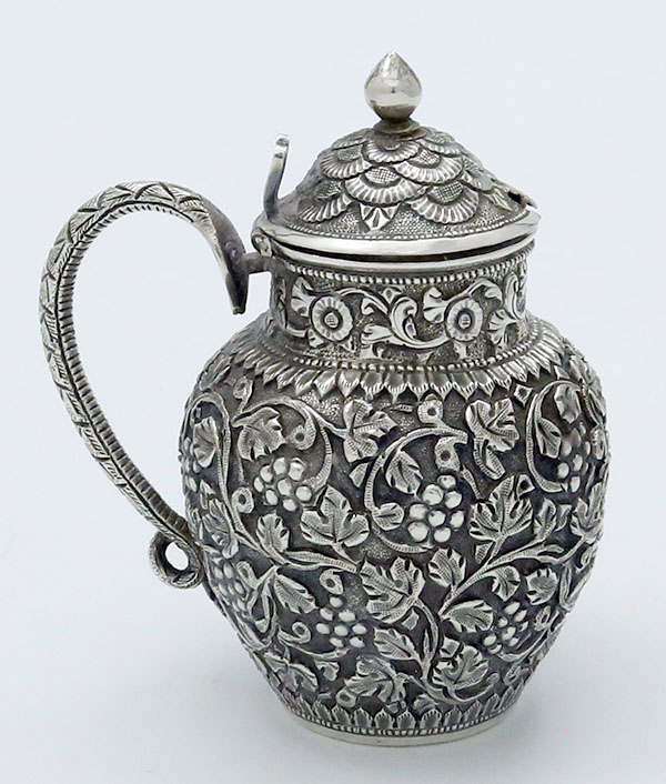 Chased Indian antique silver mustard pot snake handle