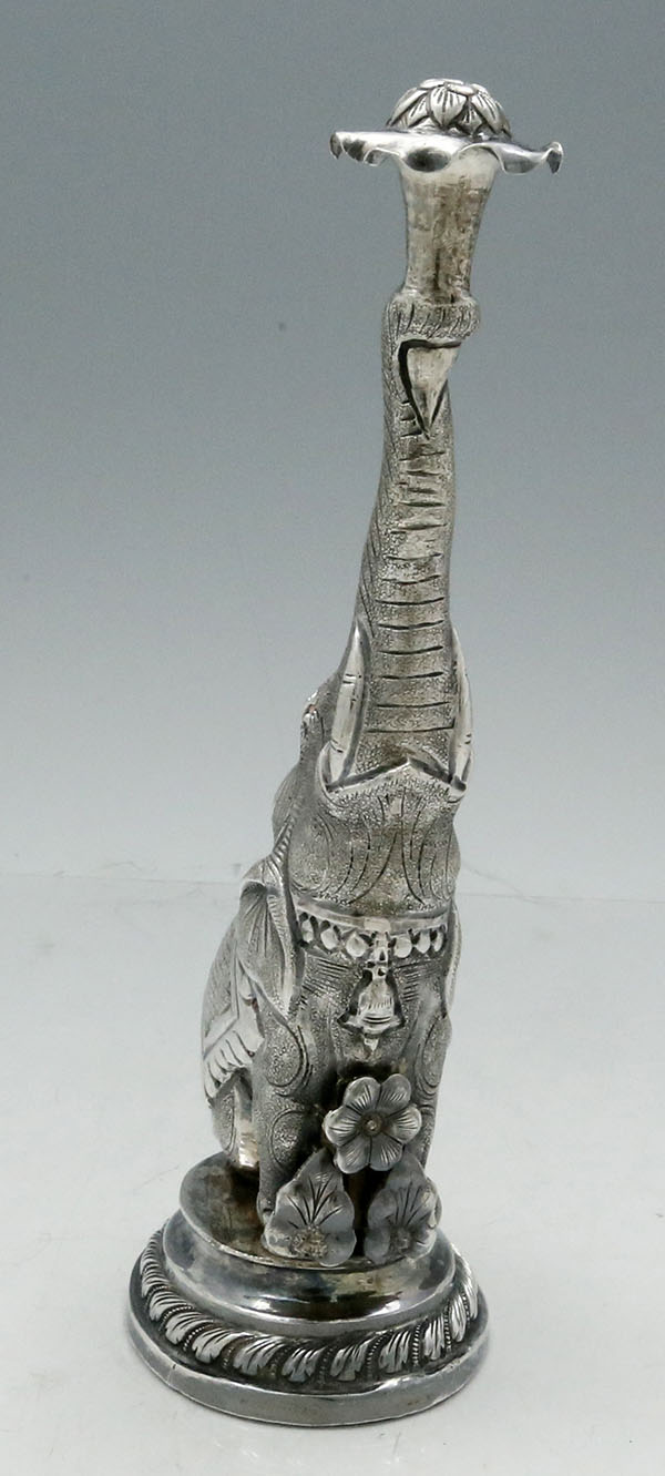 front view of elephant form Indian silver rose water sprinkler