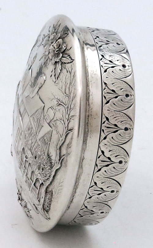 S Kirk landscape sterling silver box hand chased