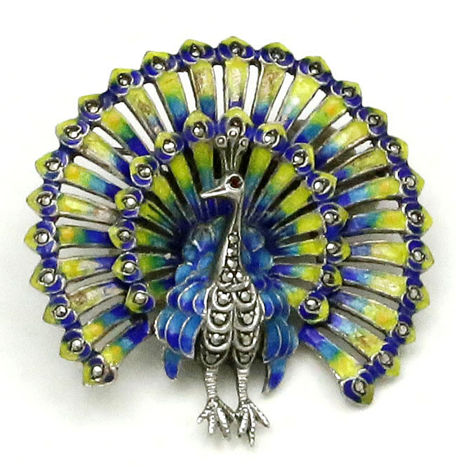 sterling pin ennamel and marcasite peacock