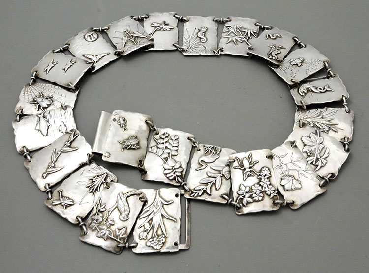 antique Japanesque sterling silver belt hand hammered