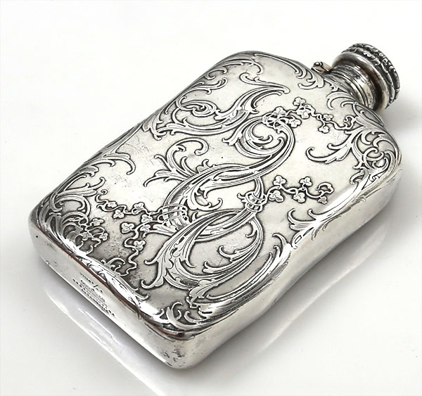 Antique sterling silver Tiffany flask with acid etched decoration on both sides