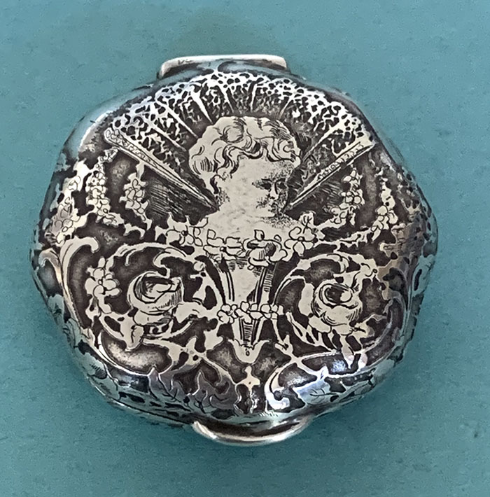 antique sterling Tiffany pill box acid etched