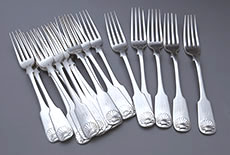 eighteen Bailey & Kitchen coin silver forks fiddle shell pattern