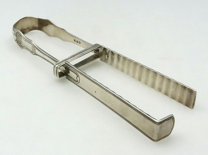 English sterling silver asparagas tongs in the Hourglass pattern