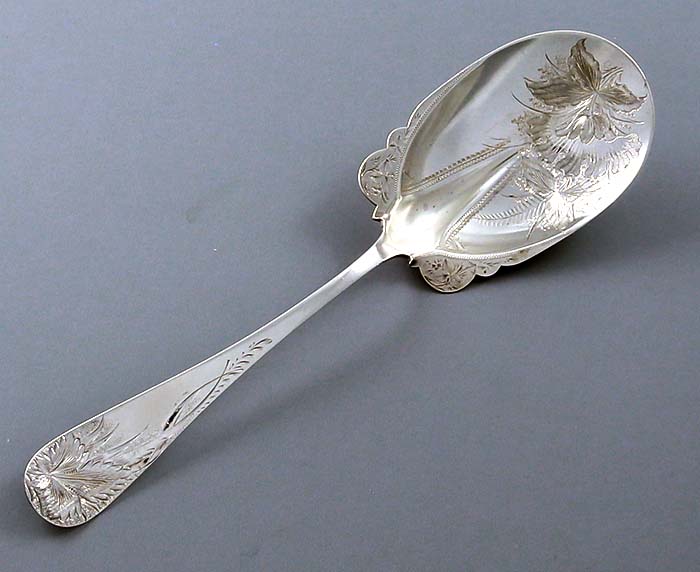 antique sterling bright cut engraved spoon retailed by Hennigen Bates Company