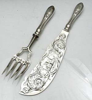 William Gale coin silver fish serving set engraved detail