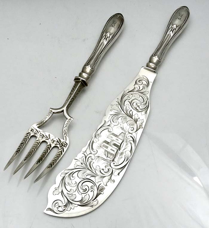 William gale and Son engraved coin silver fish serving set with engraved crest
