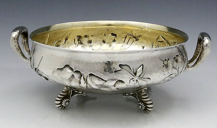 Dominick & Haff antique sterling silver hammered bowl with pond insects and plants
