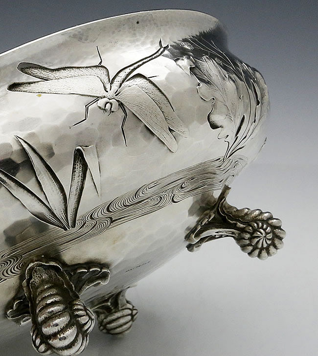 detail of dragon fly on Dominick & Haff sterling silver bowl