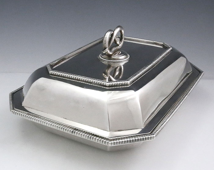 antique Chinese export silver vegetable dish with snake handle